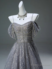 A-Line Spaghetti Strap Mesh Sequin Long Prom Dress Graduation Prom Adult Ceremony Dress