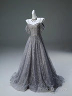 A-Line Spaghetti Strap Mesh Sequin Long Formal Prom Dress Graduation Formal Prom Adult Ceremony Dress
