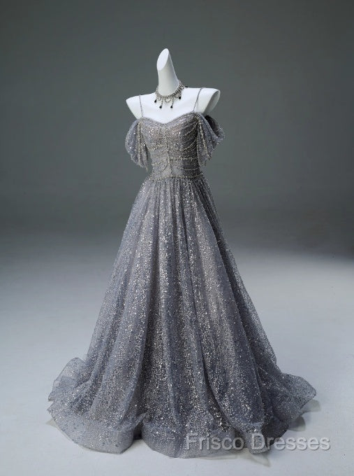 A-Line Spaghetti Strap Mesh Sequin Long Formal Prom Dress Graduation Formal Prom Adult Ceremony Dress