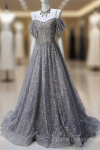 A-Line Spaghetti Strap Mesh Sequin Long Formal Prom Dress Graduation Formal Prom Adult Ceremony Dress