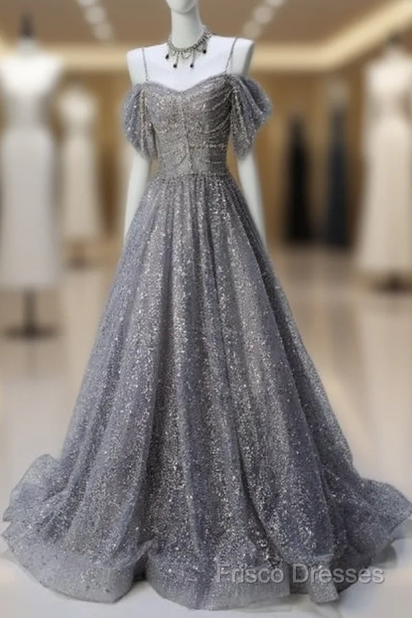 A-Line Spaghetti Strap Mesh Sequin Long Formal Prom Dress Graduation Formal Prom Adult Ceremony Dress