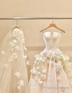 A-Line Spaghetti Strap Satin Long Prom Dress, Beautiful Applique Wedding Dress