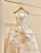 A-Line Spaghetti Strap Satin Long Prom Dress, Beautiful Applique Wedding Dress