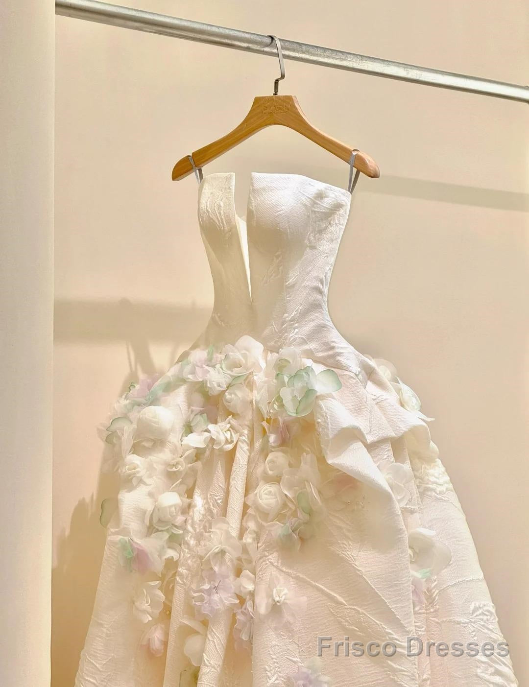 A-Line Spaghetti Strap Satin Long Prom Dress, Beautiful Applique Wedding Dress