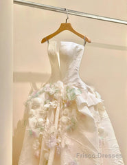 A-Line Spaghetti Strap Satin Long Prom Dress, Beautiful Applique Wedding Dress