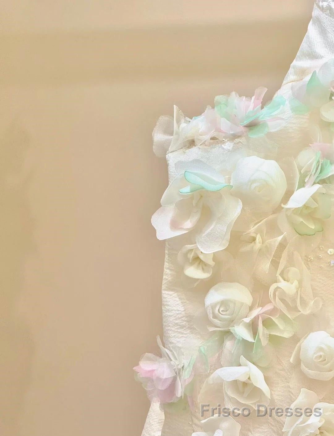 A-Line Spaghetti Strap Satin Long Prom Dress, Beautiful Applique Wedding Dress