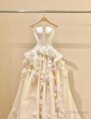 A-Line Spaghetti Strap Satin Long Prom Dress, Beautiful Applique Wedding Dress