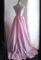 A-Line Spaghetti Strap Satin Long Wedding Dress Birthday Quinceanera Dress Formal Prom Dress