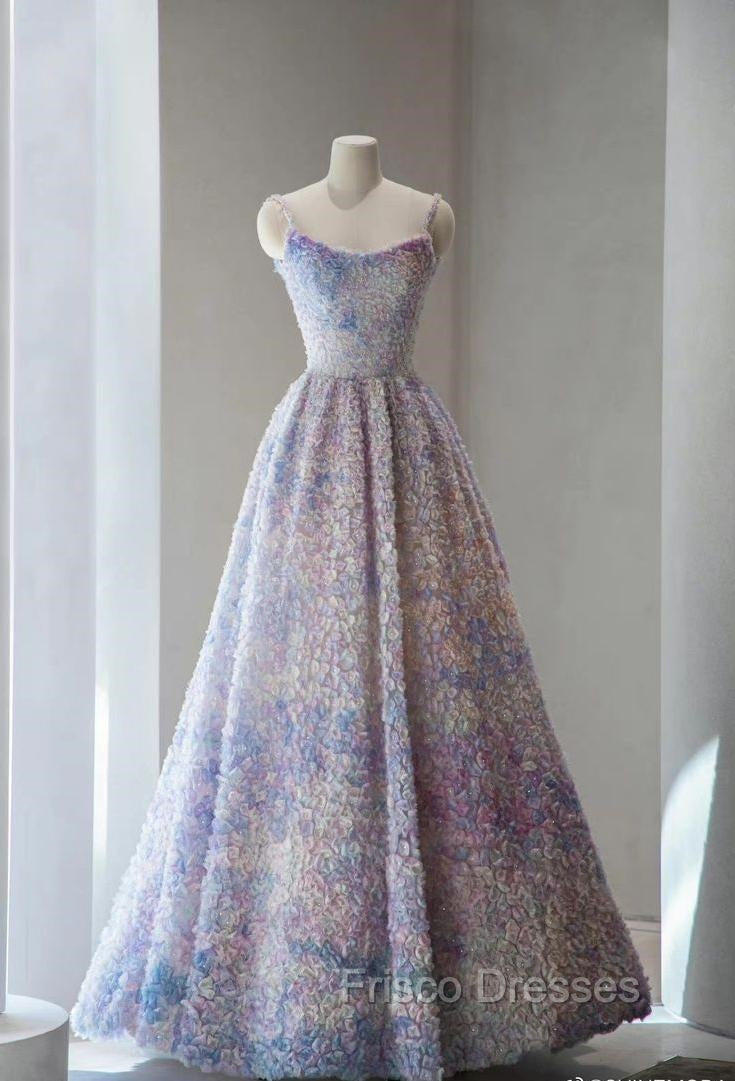 A-Line Spaghetti Strap Tulle Applique Long Formal Prom Dress Adult Ceremony Birthday Dress
