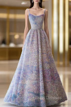 A-Line Spaghetti Strap Tulle Applique Long Formal Prom Dress Adult Ceremony Birthday Dress