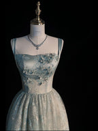 Chic Spaghetti Straps A-Line Embroidery Satin Tulle Long Prom Dresses,Sweet 16 Dress With Appliqué