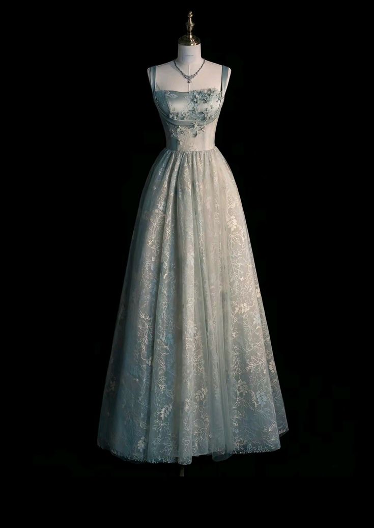 Chic Spaghetti Straps A-Line Embroidery Satin Tulle Long Prom Dresses,Sweet 16 Dress With Appliqué