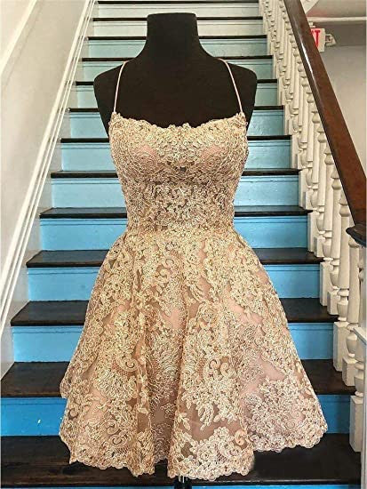 A-line Spaghetti Straps Applique Backless Short Homecoming Dress