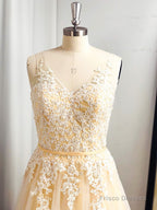 A-line Spaghetti Straps Appliques Lace Floor-Length Tulle Dress