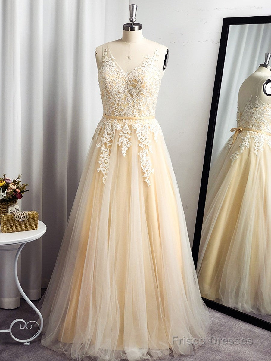 A-line Spaghetti Straps Appliques Lace Floor-Length Tulle Dress Main image