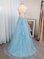 A-line Spaghetti Straps Appliques Lace Sweep Train Tulle Dress