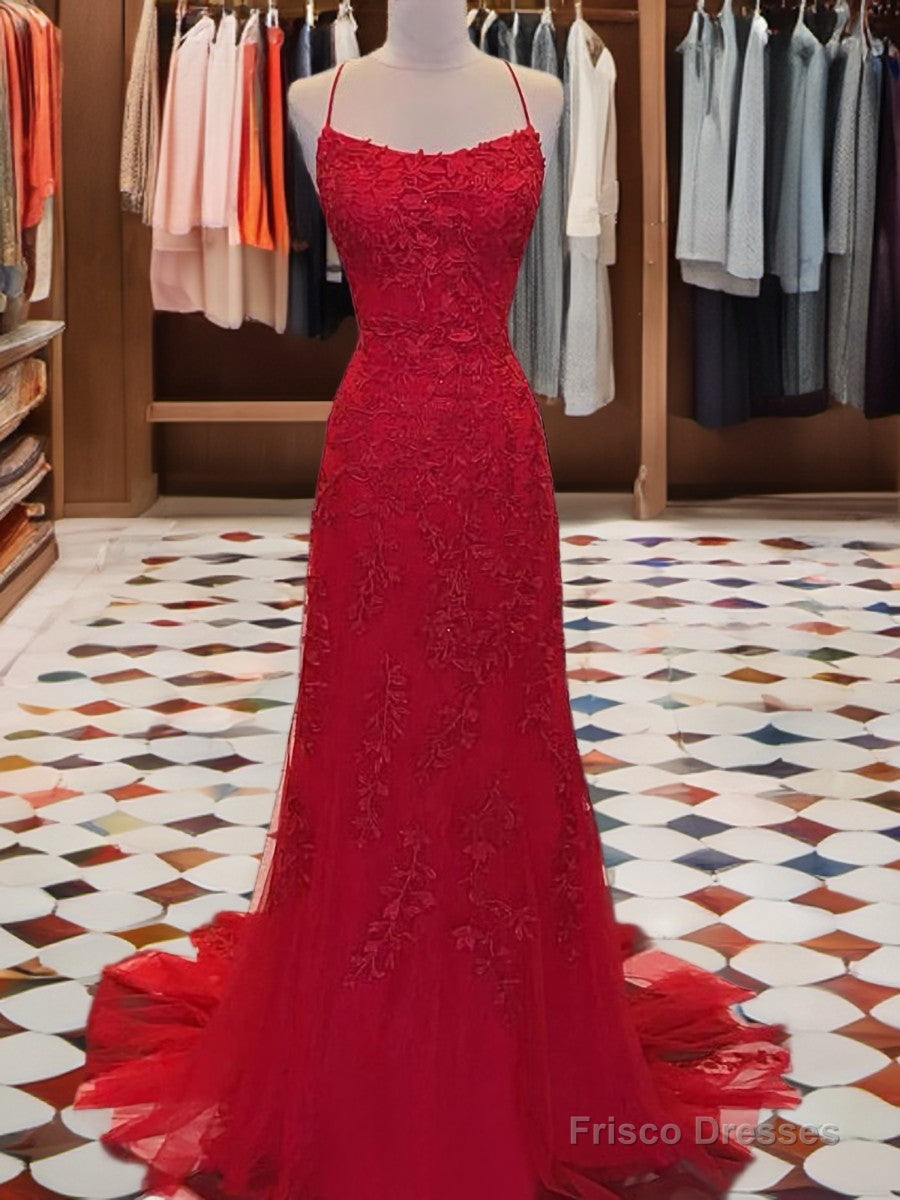 A-line Spaghetti Straps Appliques Lace Sweep Train Tulle Dress