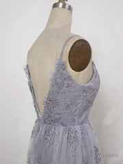 A Line Spaghetti Straps Backless Gray Lace Prom Dresses, Gray Backless Formal Dresses, Backless Lace Evening Dresses