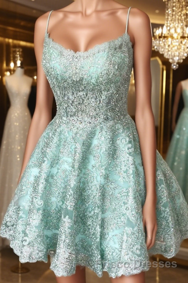 A-Line Spaghetti Straps Backless Mint Green Lace Short Formal Prom Dresses, Backless Mint Green Lace Formal Graduation Homecoming Dresses Main image