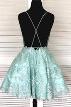 A-Line Spaghetti Straps Backless Mint Green Lace Short Formal Prom Dresses, Backless Mint Green Lace Formal Graduation Homecoming Dresses
