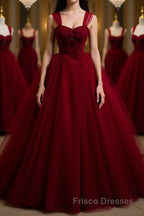 A Line Spaghetti Straps Beaded Burgundy Tulle Long Formal Prom Dresses, Long Burgundy Formal Evening Dresses