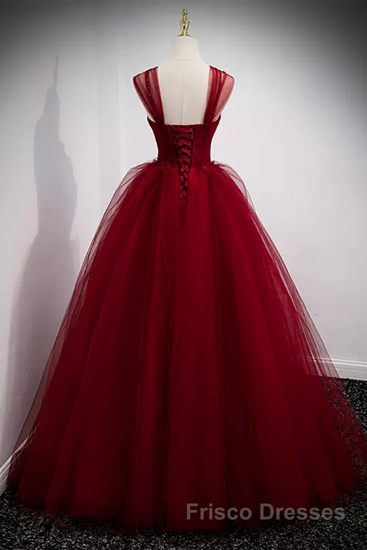 A Line Spaghetti Straps Beaded Burgundy Tulle Long Formal Prom Dresses, Long Burgundy Formal Evening Dresses Secondary image