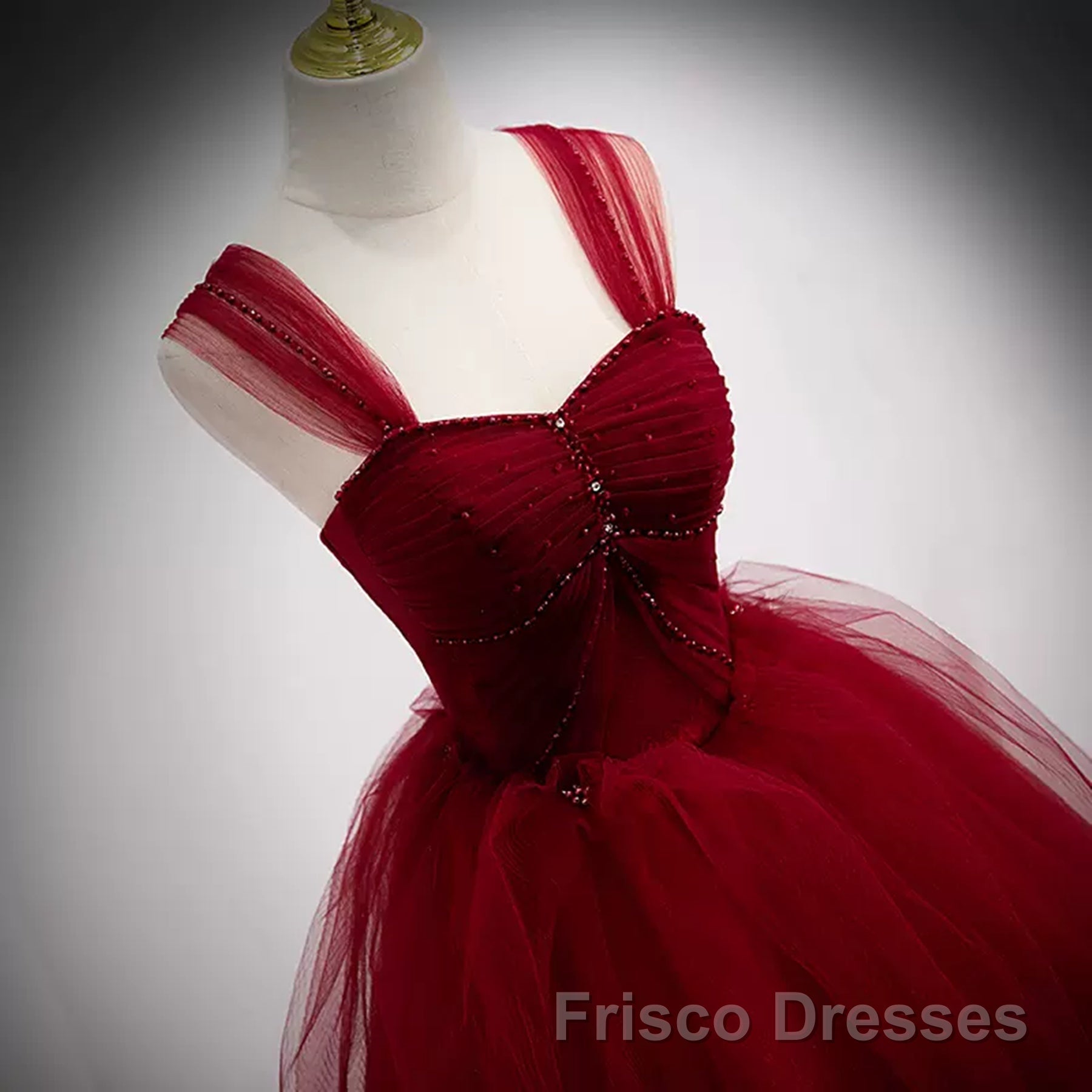 A Line Spaghetti Straps Beaded Burgundy Tulle Long Formal Prom Dresses, Long Burgundy Formal Evening Dresses