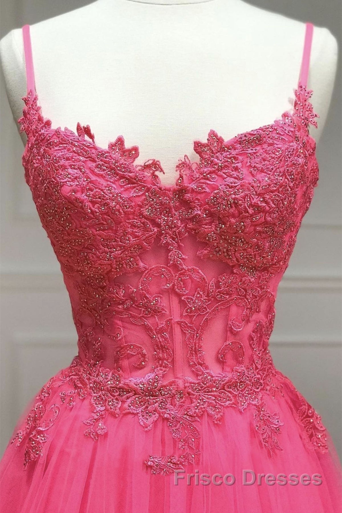 A Line Spaghetti Straps Beaded Pink Lace Long Formal Prom Dresses, Pink Lace Formal Dresses, Pink Tulle Evening Dresses