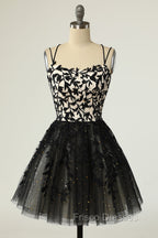 A Line Spaghetti Straps Black Homecoming Dress Short Formal Prom Dress with Appliques