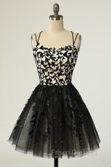 A Line Spaghetti Straps Black Homecoming Dress Short Formal Prom Dress with Appliques