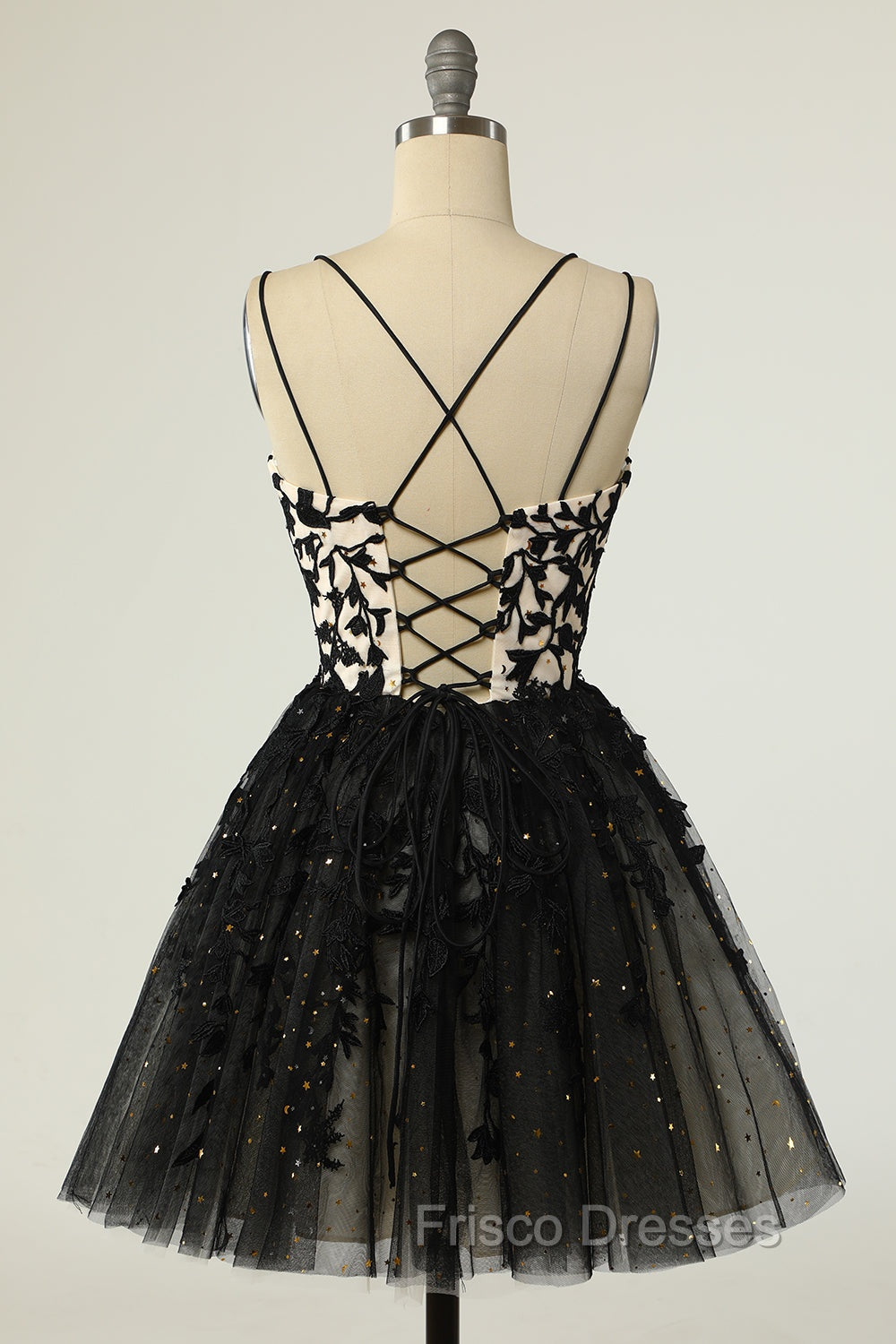A Line Spaghetti Straps Black Homecoming Dress Short Formal Prom Dress with Appliques