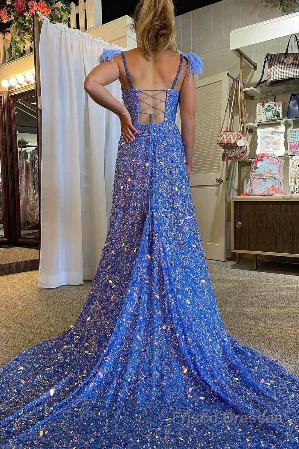 A Line Spaghetti Straps Blue Sequins Long Prom Dress with Feathers Secondary image