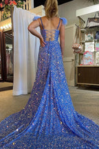 A Line Spaghetti Straps Blue Sequins Long Prom Dress with Feathers