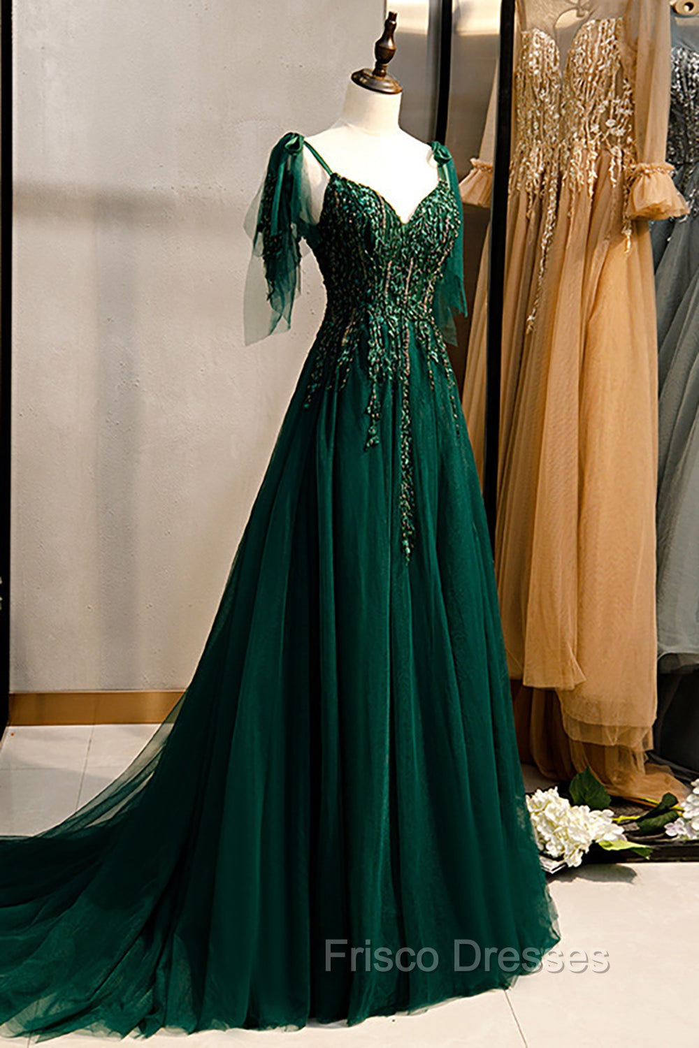 A-Line Spaghetti Straps Dark Green Formal Prom Dress with Beading