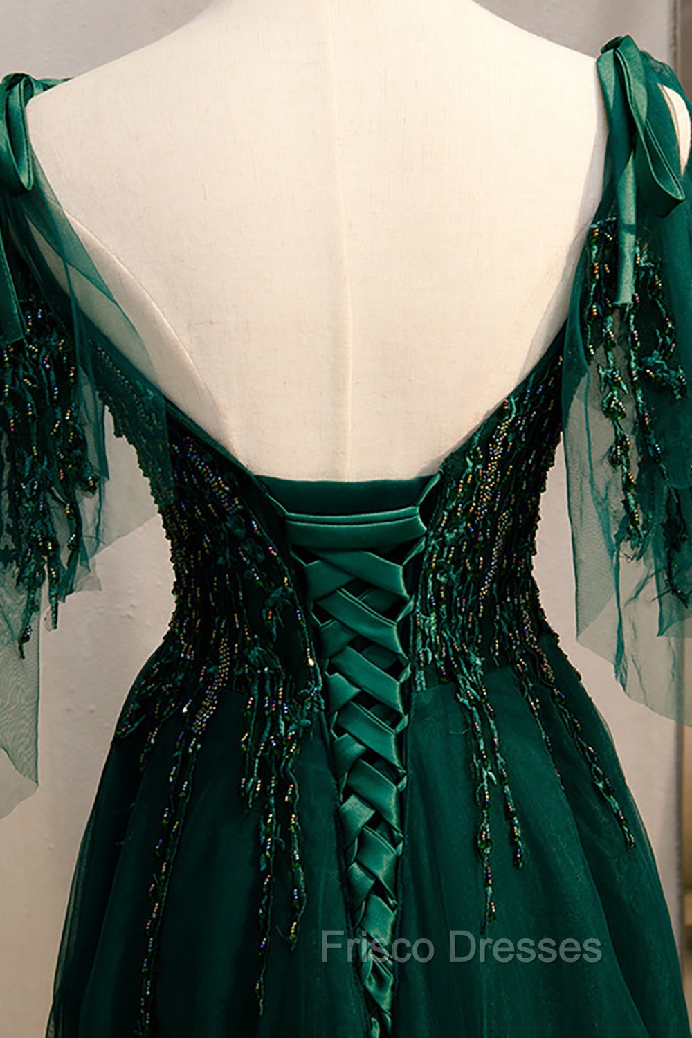 A-Line Spaghetti Straps Dark Green Formal Prom Dress with Beading