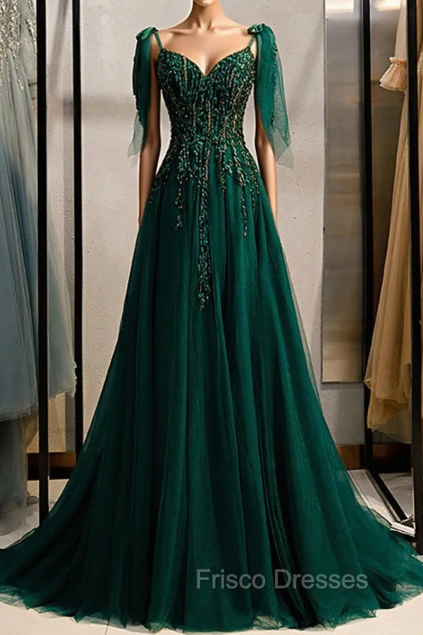 A-Line Spaghetti Straps Dark Green Formal Prom Dress with Beading