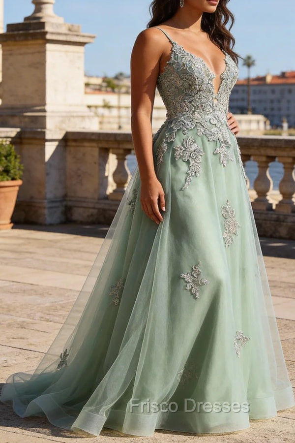 A Line Spaghetti Straps Green Long Prom Dress with Criss Cross Back