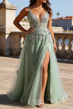 A Line Spaghetti Straps Green Long Prom Dress with Criss Cross Back