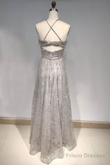 A Line Spaghetti Straps/Halter Shiny Dresses With Criss-Cross Back