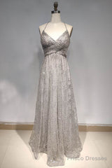 A Line Spaghetti Straps/Halter Shiny Dresses With Criss-Cross Back