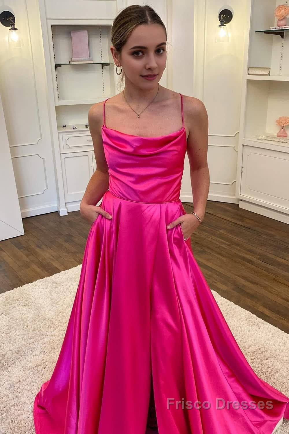 A Line Spaghetti Straps Hot Pink Long Prom Dress with Split Front Main image