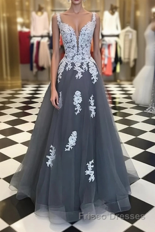 A Line Spaghetti Straps Lace Grey Tulle Long Formal Prom Dresses, Grey Formal Bridesmaid Dresses, Evening Dresses Main image