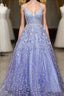 Lavender Spaghetti Straps Lace Floral A-line Formal Prom Gowns Long Formal Prom Dress