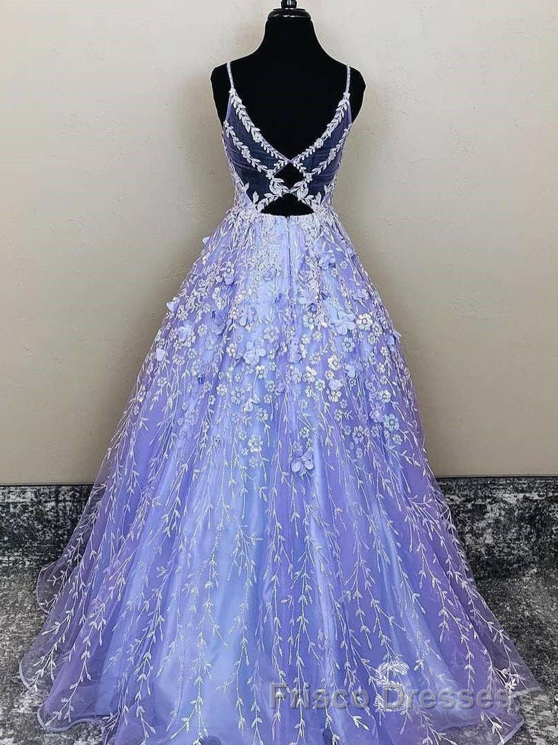Lavender Spaghetti Straps Lace Floral A-line Formal Prom Gowns Long Formal Prom Dress