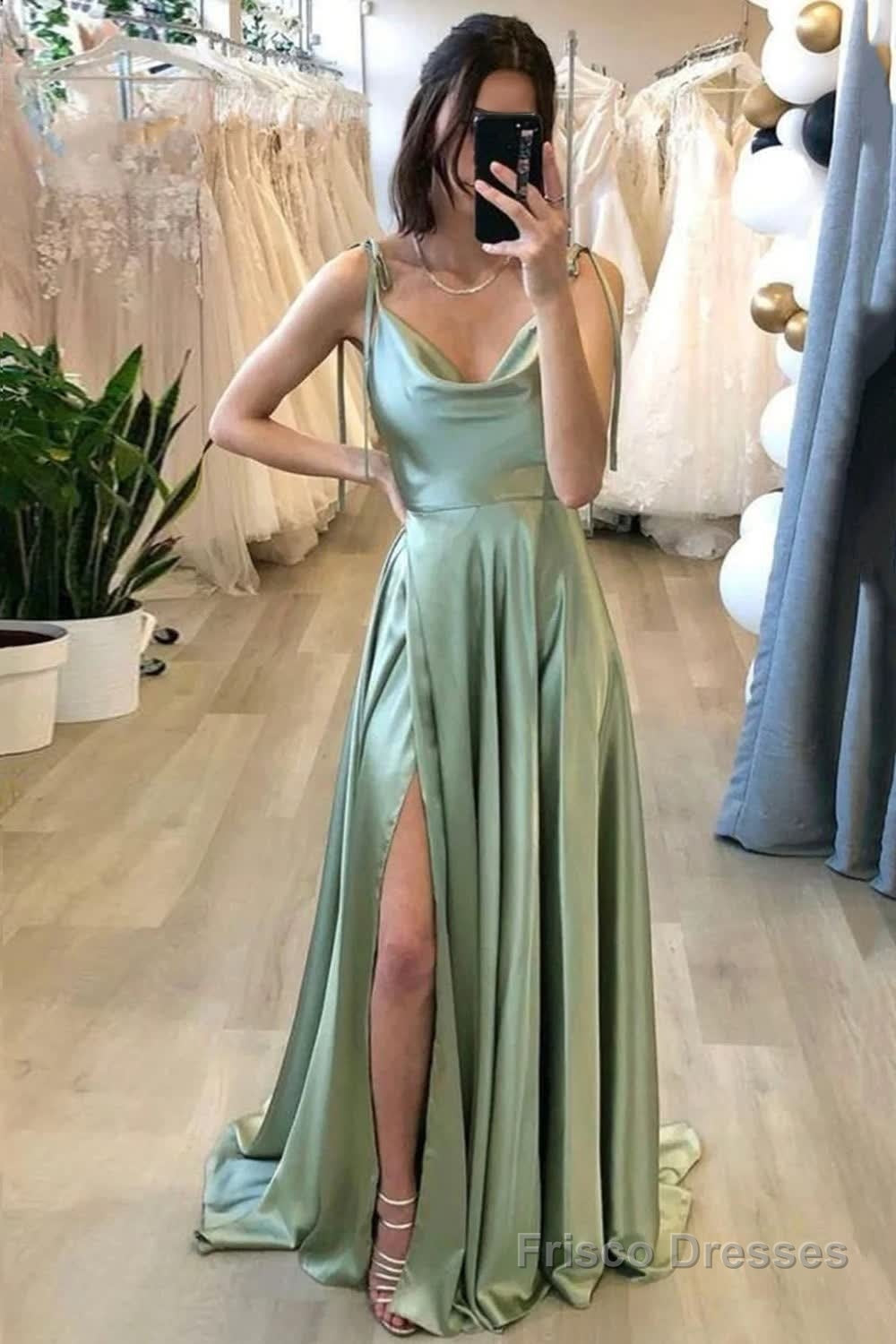 A Line Spaghetti Straps Light Green Long Prom Dress with Silt Main image