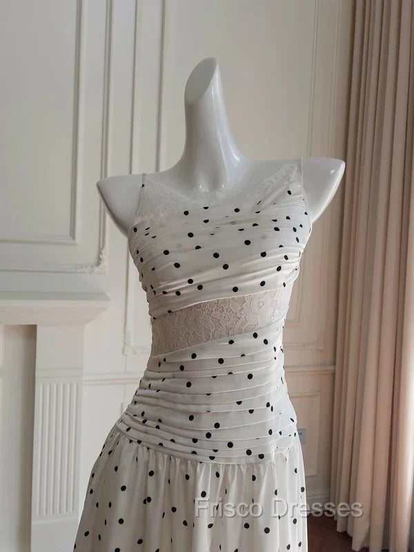 A Line Spaghetti Straps Polka Dots Lace Chiffon Formal Prom Dress Formal Dress