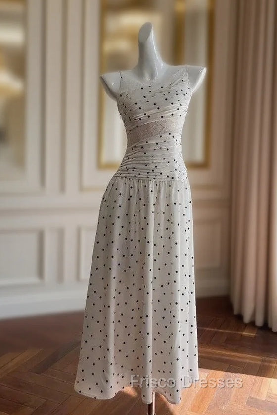 A Line Spaghetti Straps Polka Dots Lace Chiffon Formal Prom Dress Formal Dress