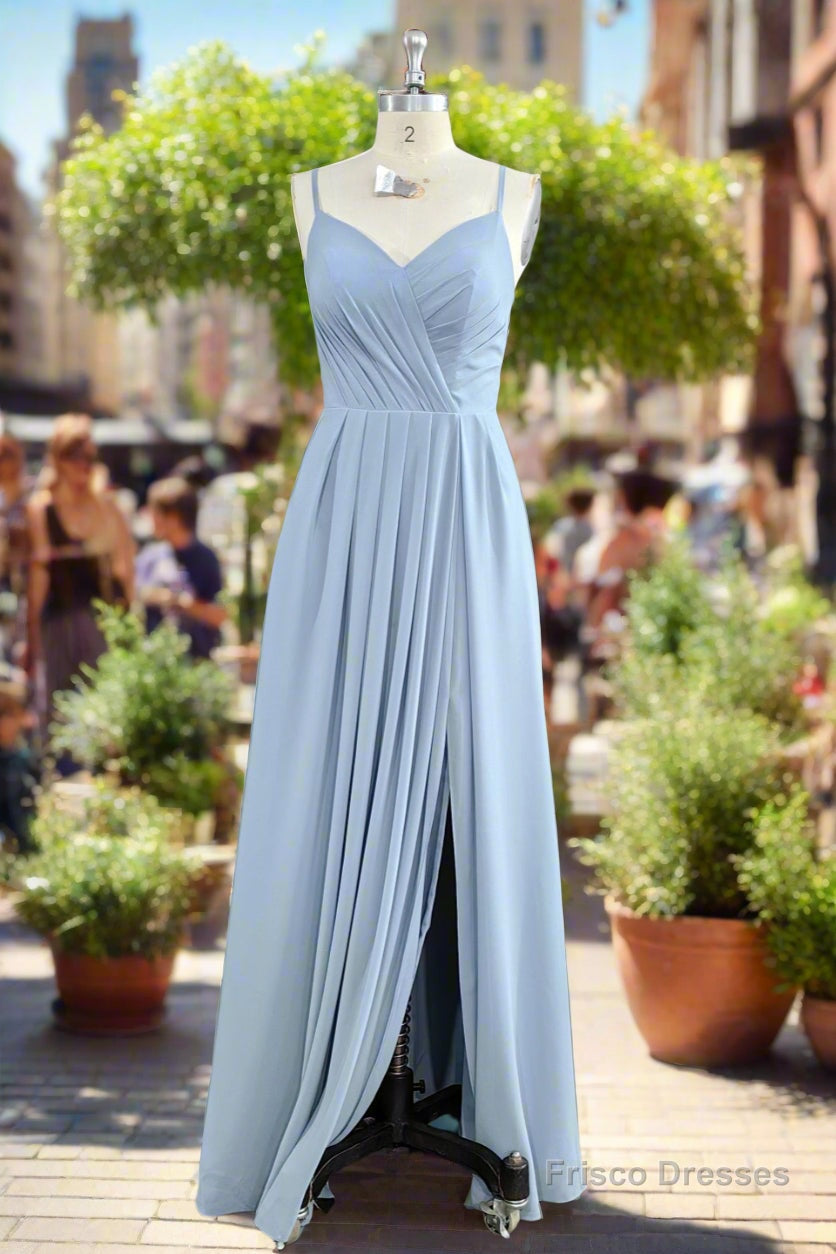 A-Line Spaghetti Straps Ruched Long Chiffon Bridesmaid Dress with Slit Main image
