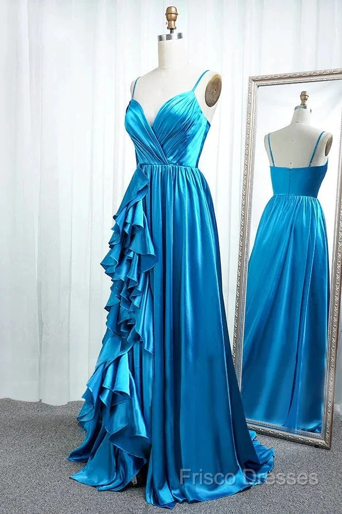 A Line Spaghetti Straps Satin Formal Prom Dress With Slit And Flounced Secondary image