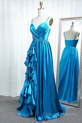 A Line Spaghetti Straps Satin Formal Prom Dress With Slit And Flounced